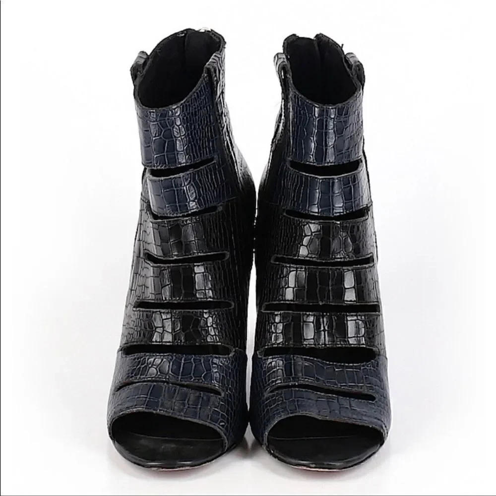 Rebecca Minkoff Sonny Embossed Peep Toe Wedge Booties Size 9 Navy Blue Black